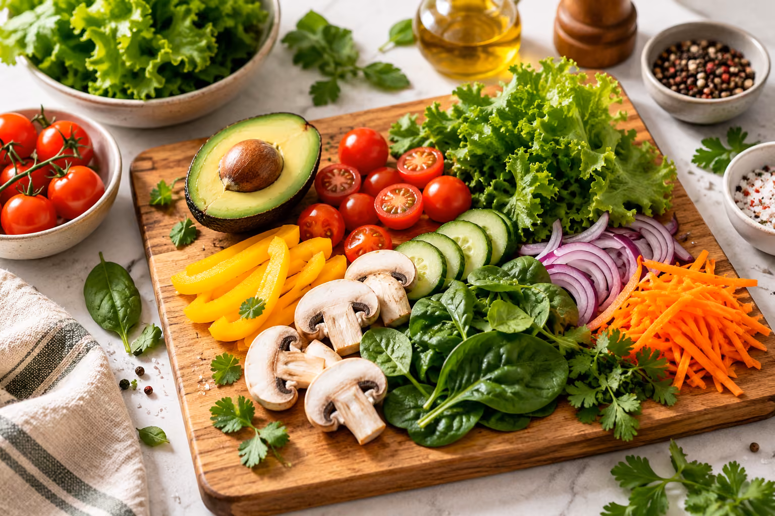 Fresh vegetables and herbs on a chopping board