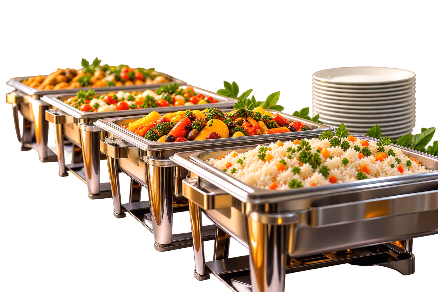Catering spread with chafing dishes set up for a corporate event